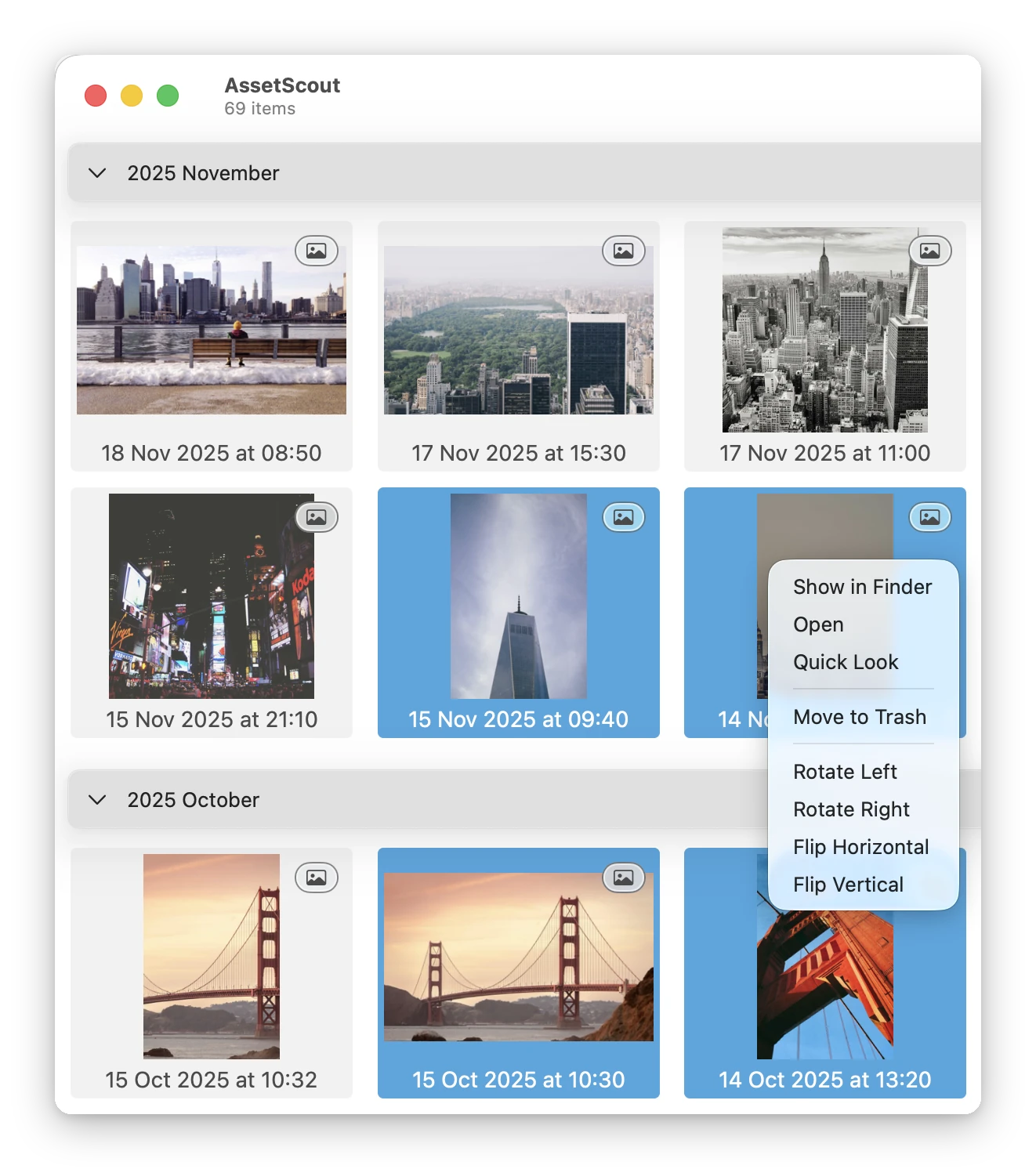 The same window with the menu open over a selected photograph: Show in Finder, Open, Quick Look, Move to Trash, then Rotate Left, Rotate Right, Flip Horizontal and Flip Vertical
