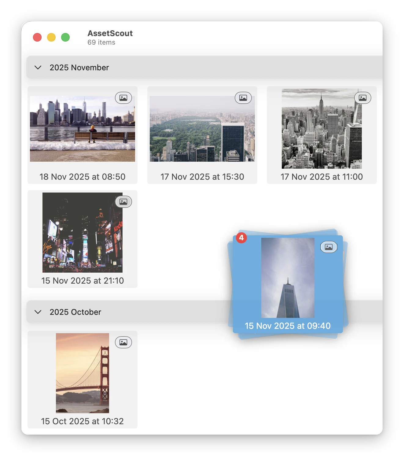 The four selected thumbnails lifted off the grid as one stack, a red badge on it showing the number 4, and the empty places in the grid they came from