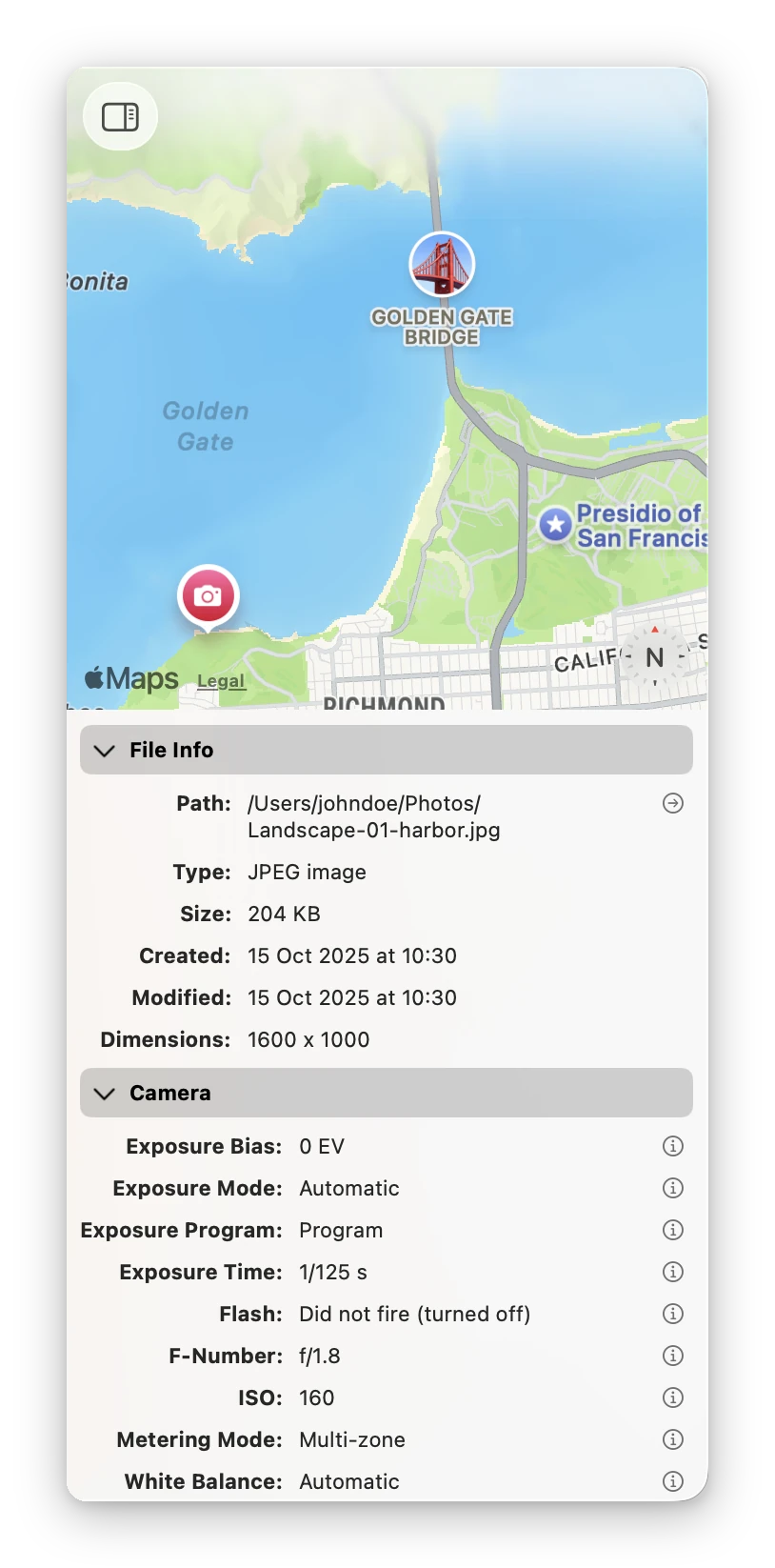 The inspector on a photograph: a map of the Golden Gate with a camera marker where the picture was taken, then the file path, type, size, dates and dimensions, and the camera settings