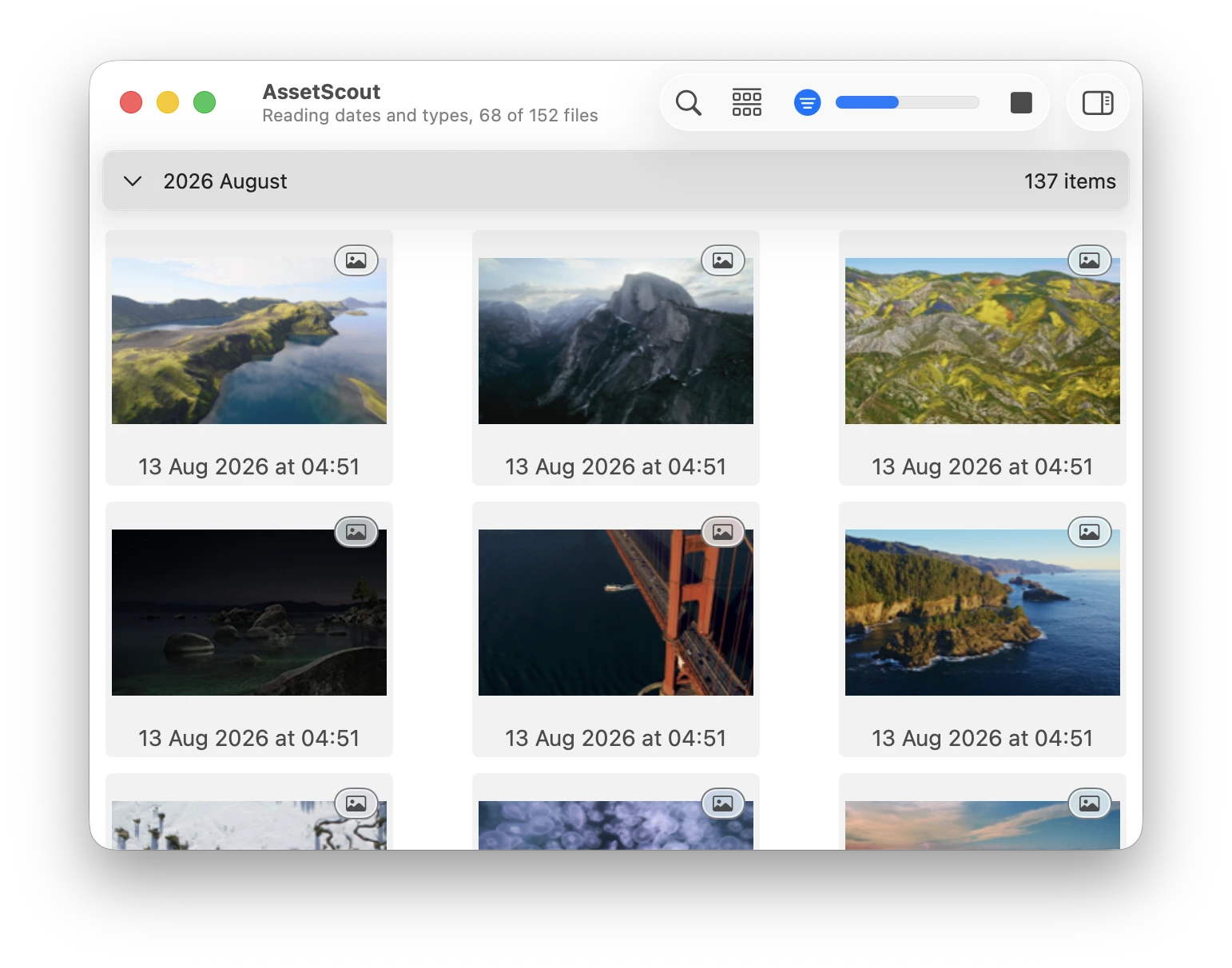 AssetScout in the middle of a scan: the title reads Reading dates and types, 68 of 152 files, with a progress bar and a stop button beside it, and the grid already lists 2026 August with 137 items