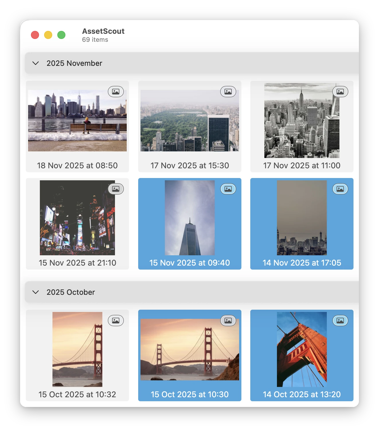 The top left of the AssetScout window over the grid of 2025 November and October, with four photographs selected, each on a blue background