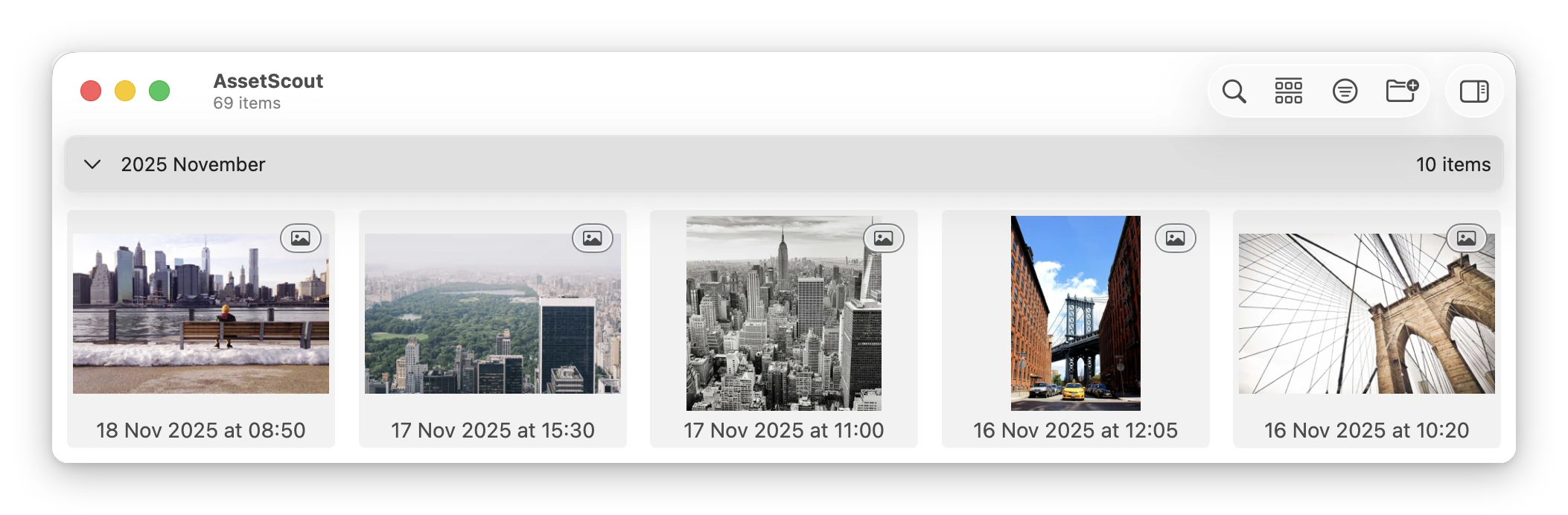 The titlebar: the app name with the item count under it, and the search, grouping, filter and scan buttons and the inspector button on the right, above the first month heading and its first row of thumbnails