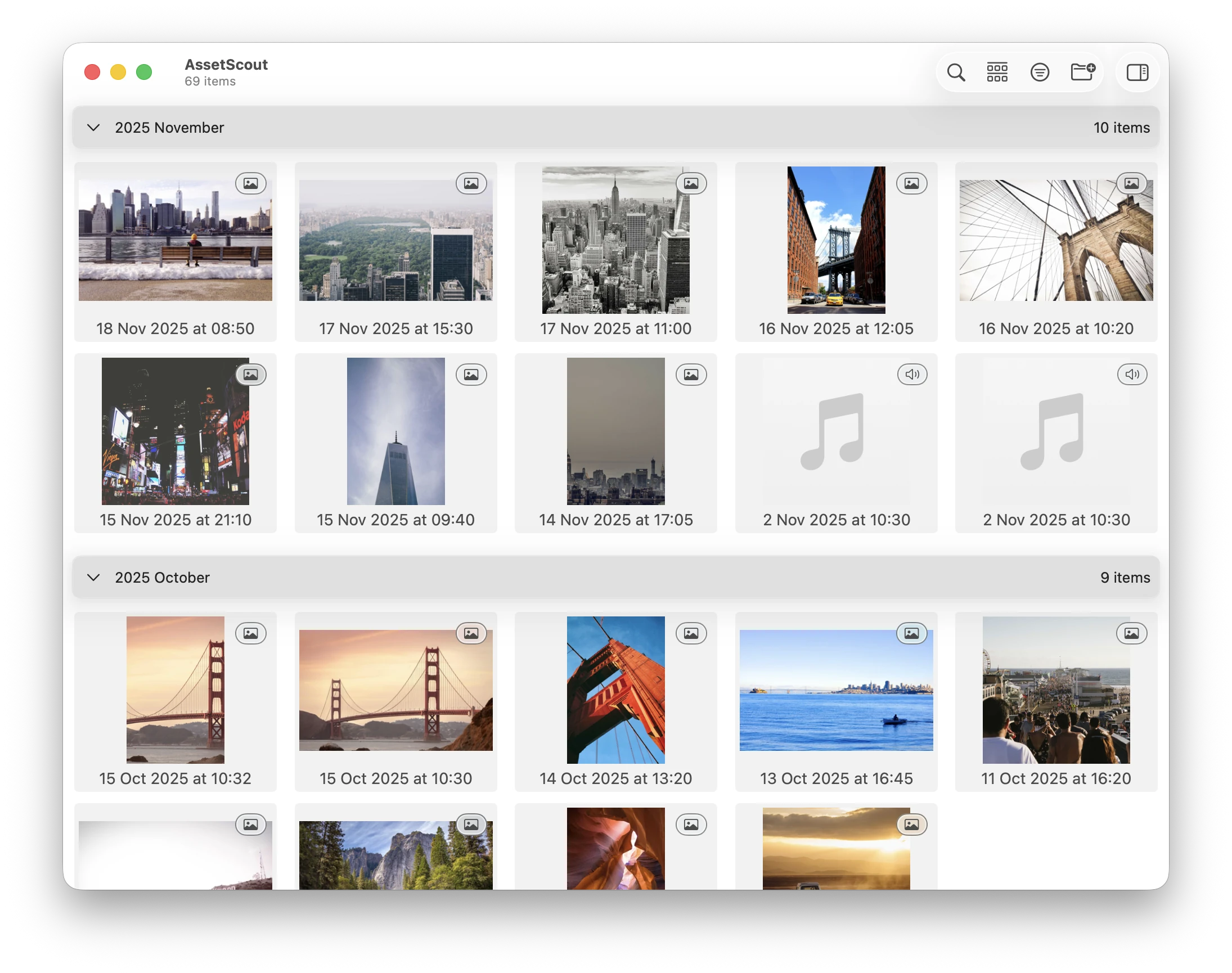 AssetScout after a scan: a grid of photograph thumbnails under the headings 2025 November, 10 items, and 2025 October, 9 items, with the window title reading 69 items