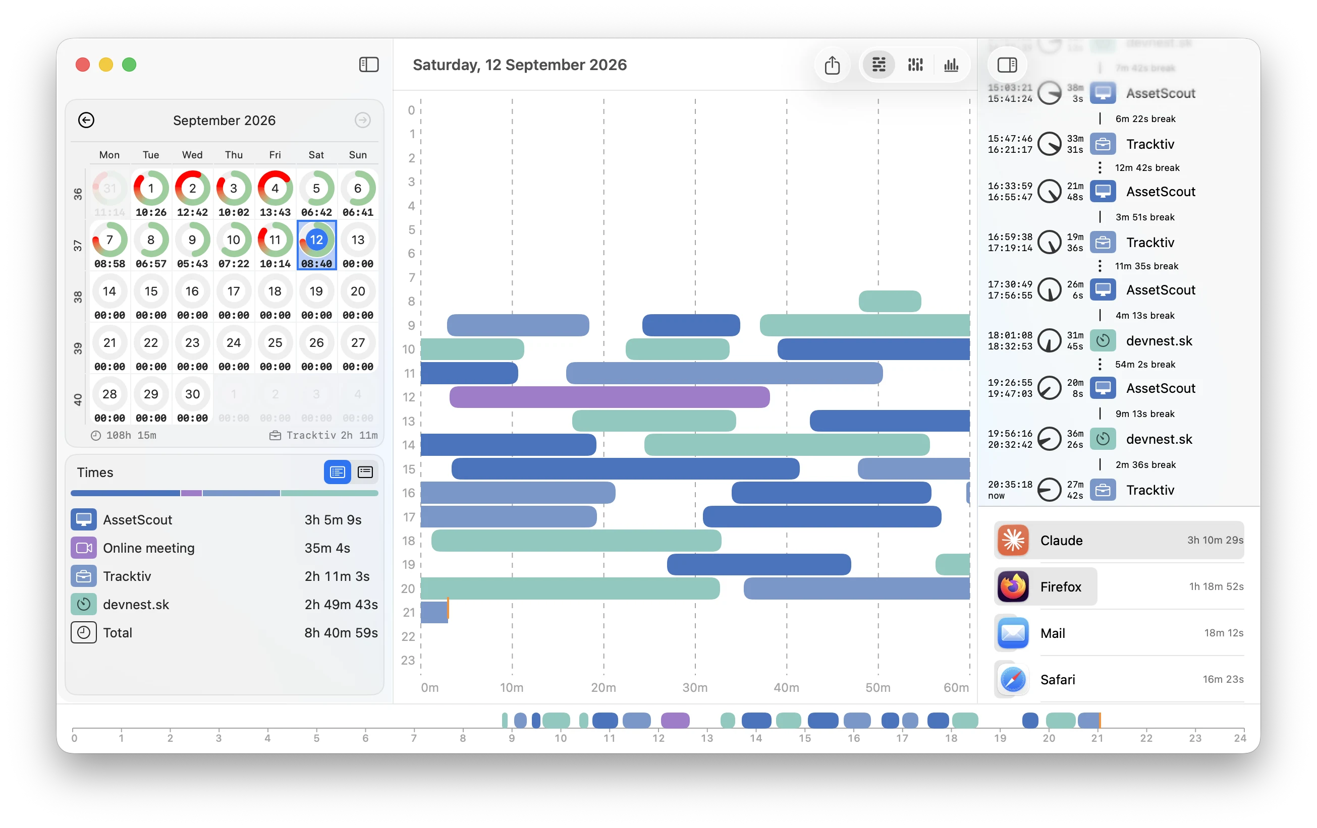 Tracktiv's day window: a month of rings on the left, the day drawn hour by hour in the middle, the list of activities and the applications on the right